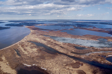 Pechora River spring flood, Aerial view, Timan tundra