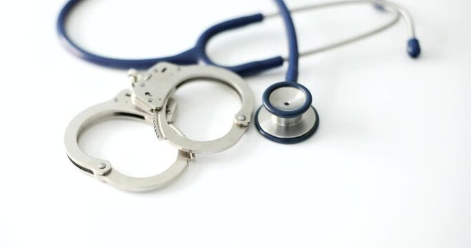 Handcuffs and medical stethoscope on white background closeup