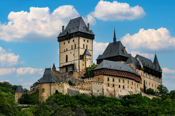 Fototapeta na wymiar Famous medieval Karlstejn castle on the hill in Czechia.