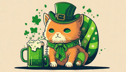 St. Patrick's Day celebration background. Leprechaun cat in the green hat with pint of green beer Generative ai