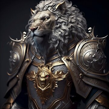 A Humanoid Lion Knight Wearing an Elaborate Suit of Armor Generative AI