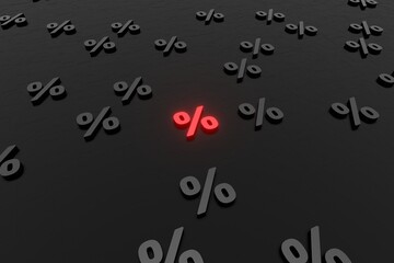 Percent symbols on black background 3d render. Concept of discounts, sales, seasonal promotions, black friday, singles day and shopping 1111. Sign percent