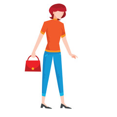 flat, a woman in blue jeans and an orange t-shirt holds a red handbag in her hands, isolated object on a white background, vector illustration,