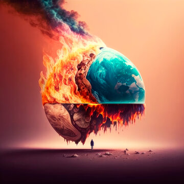 Concept of global warming with the earth set on fire and destroyed with a person Looking into the distance towards the earth - Generative AI