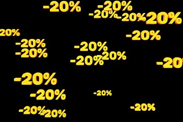 Fototapeta premium Yellow minus twenty percent symbols fall down isolated on black background 3d render. Concept of discounts, sales, seasonal promotions, black friday, singles day and shopping 1111