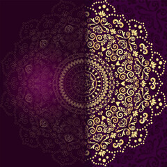 Vector vintage frame with lacy golden and purple mandala