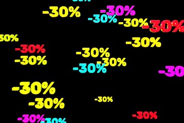 Fototapeta na wymiar Colorful minus thirty percent symbols fall down isolated on black background 3d render. Concept of discounts, sales, seasonal promotions, black friday, singles day and shopping 1111