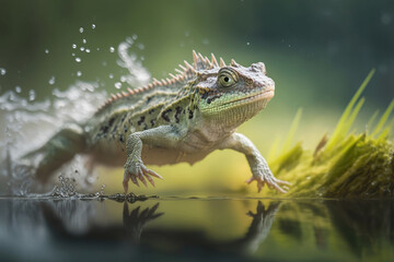 Naklejka premium lizard running on water, Generative AI