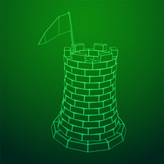 Castle knight tower. Medieval ancient fortress with banner flag