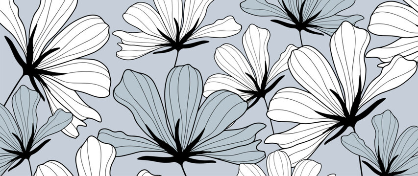 Blue vector illustration with white flowers for decor, covers, backgrounds, wallpapers