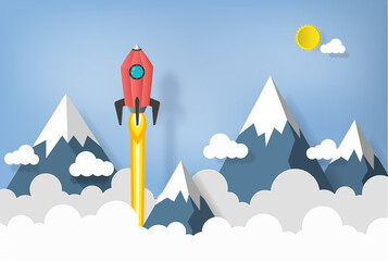 space rocket launch to the sky, mountains and clouds on background. vector illustrator paper art