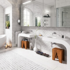 Renovation of an old building bathroom with a contemporary designed furnishing in a panoramic view - 3d visualization
