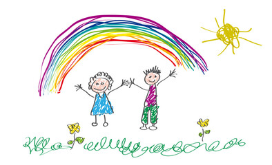 Vector drawing made by a child, children and rainbow, welcome spring