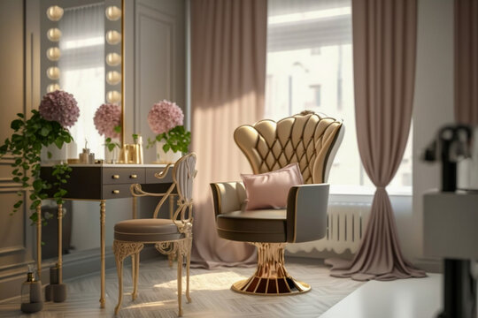 Modern interior of the female beauty salon. Super photo realistic background, generative ai illustration