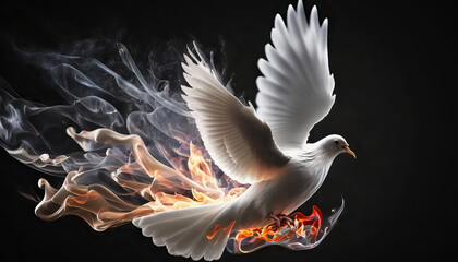 AI generated Flying white dove with fire flames on black background. Gifts of holy spirit concept