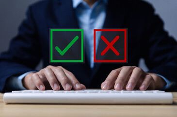 The right and wrong symbols on the top are virtual. concept of voting decisions yes or no decision