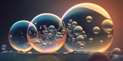 Fototapeta na wymiar Water bubble, Iridescent multi-color sphere floating on ocean waves, summer sunset background, dusk golden hour, clouds refraction - generative AI. 