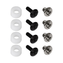 Set of black bolt washers and chrome nuts on a white background for attaching the glass to the helmet