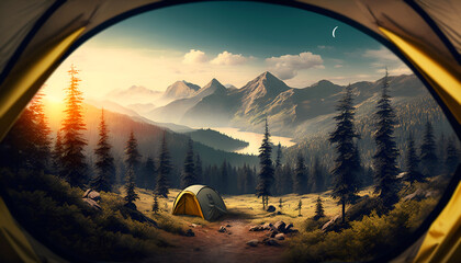 Conceptual illustration of a camping site with mountains, river and forest in the background. Conceptual illustration of a campsite at sunset.