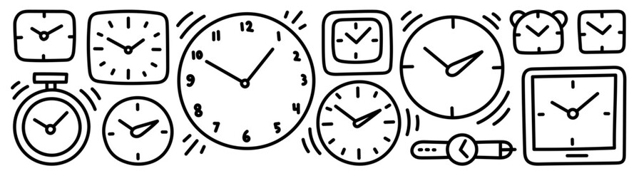 Time and clock. Alarm-clock. Sketch hand-drawn set. Full-time. Vector line. Editable outline stroke.
