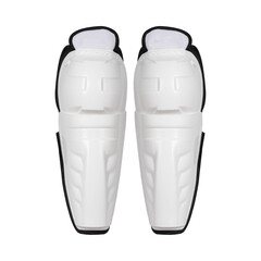 White plastic shin legs potection sports equipment for playing hockey on a white background without...