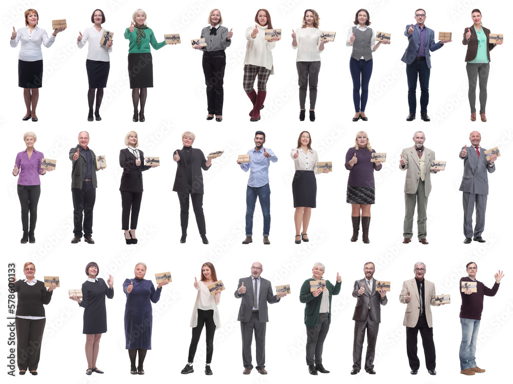 Wall mural group of happy people with gifts in their hands isolated