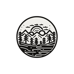 Mountains and river logo design. Nature landscape logo vector illustration.