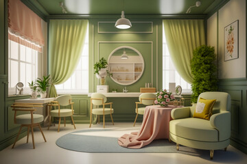 Modern interior of the female beauty salon. Super photo realistic background, generative ai illustration