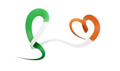 3d Flag of ireland Country, Heart shaped Wavy Awareness Ribbon on White Background, 3d illustration