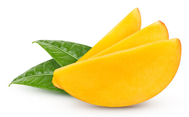Mango fruit slices and mango leaves over white