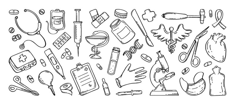 Medical pharmaceutical hospital device set of drawings. Vector illustration of medical equipment, hand drawn