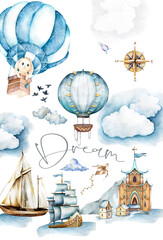 Bunny flies in a hot air balloon watercolor. Castle and ships, fairy tale story, greeting card template © Anna Terleeva