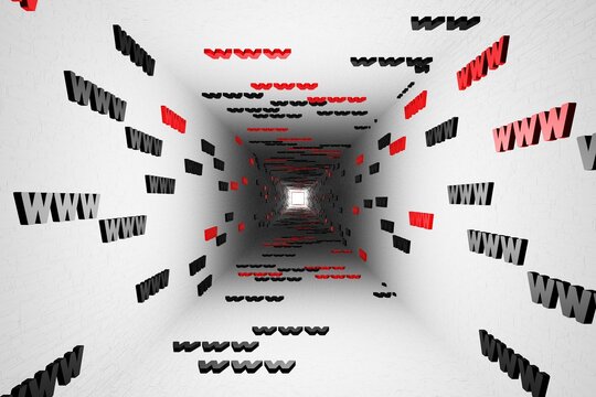 WWW symbols sign in white tunnel background 3d render. Hypertext transfer protocol secure web 3