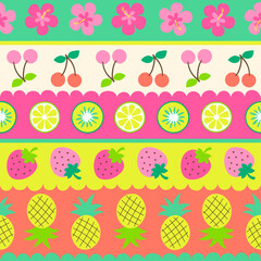 Colorful hibiscus and tropical fruit seamless pattern with striped background for summer holidays concept.