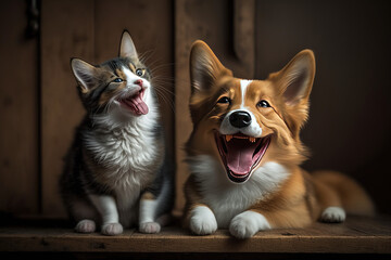 Fototapeta na wymiar dog and cat laugh together