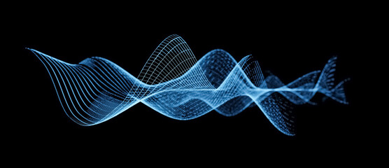 Illustration of blue abstract wireframe sound waves, visualization of frequency signals audio wavelengths, conceptual futuristic technology waveform background with copy space for text