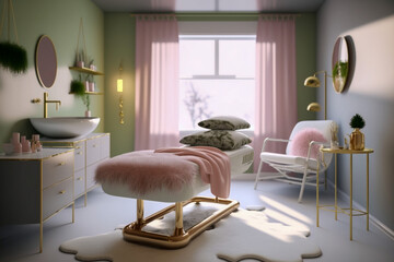 Modern luxury interior cosmetologist cabinet with massage couch, olive, pink and bronze colors, super photo realistic background, generative ai