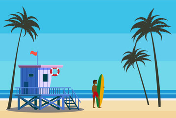 Lifeguard Tower on the beach palms, surfer, coast ocean, sea. Summer tropical landscape, vector - obrazy, fototapety, plakaty