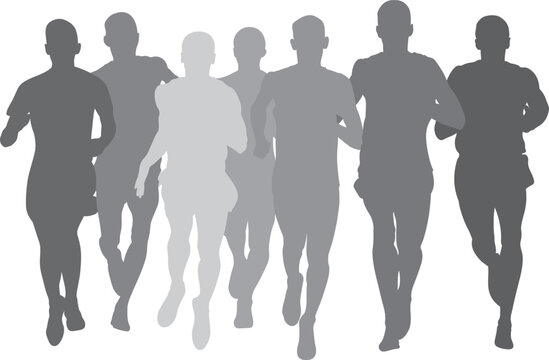 silhouette group men athletes runners run together on white background, sports vector illustration