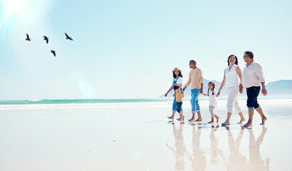 Black family, mockup or children walking on the beach with their parents and grandparents during...