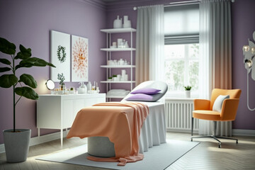 Fototapeta premium Modern luxury interior cosmetologist cabinet with massage couch in beauty salon. Super photo realistic background, generative ai illustration.