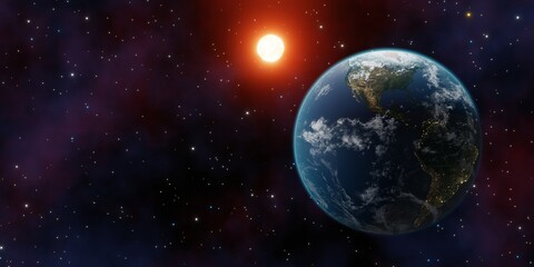 Obraz na płótnie Canvas World planet satellite, Stars, nebula and galaxy 3d render. Concept of climate change, dark night, cities lights, sunrise. Beautiful 3d earth planet. Sunrise from outer space