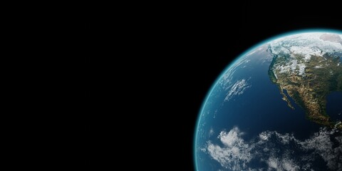 Beautiful earth planet on black background 3d render. Concept of climate change, dark night, cities lights, sunrise. World planet satellite, Stars, nebula and galaxy. Sunrise from outer space