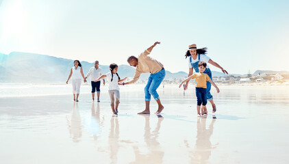 Family, beach and parents play with children for bonding, quality time and adventure together....
