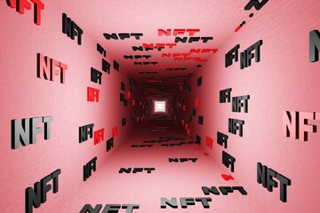 NFT crypto symbols tunnel icon red background 3d render. Non fungible token of unique collectibles, blockchain and digital artwork