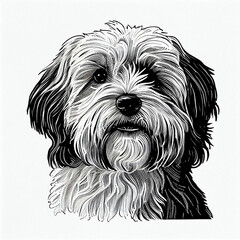 Havanese Dog portrait illustration, detailed black and white art, created with Generative AI