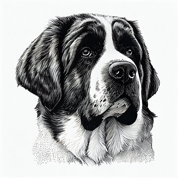 Saint Bernard Dog portrait illustration, detailed black and white art, created with Generative AI