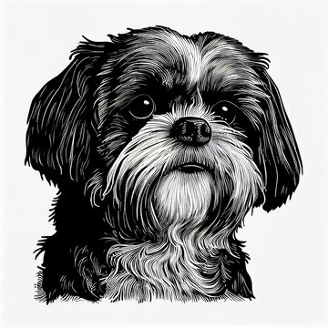 Shih Tzu Dog portrait illustration, detailed black and white art, created with Generative AI