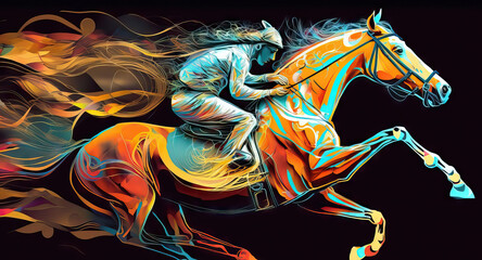 AI generated Jockey riding a race horse. Colorful abstract background