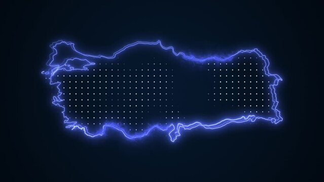 Neon Blue Turkey Map Borders Outline Loop Background. Neon Blue Colored Turkey Map Borders Outline Seamless Loop Dark Background. Turkey Neon Map Borders Outline.
